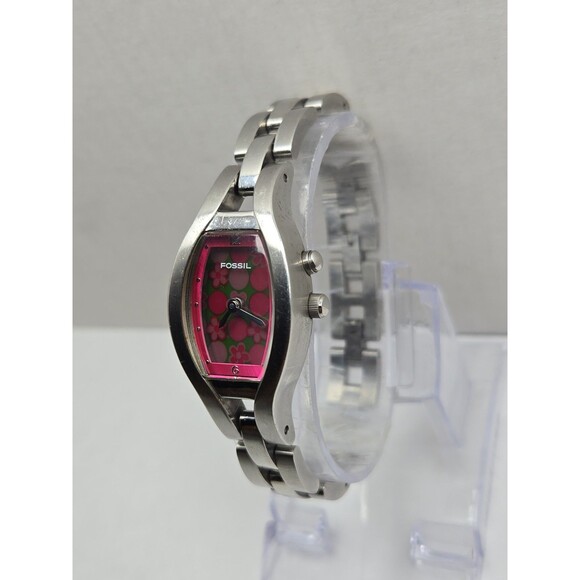Rare Vintage Fossil Big Tic Pink Floral Animated Silver Womens Watch New Battery main image 6
